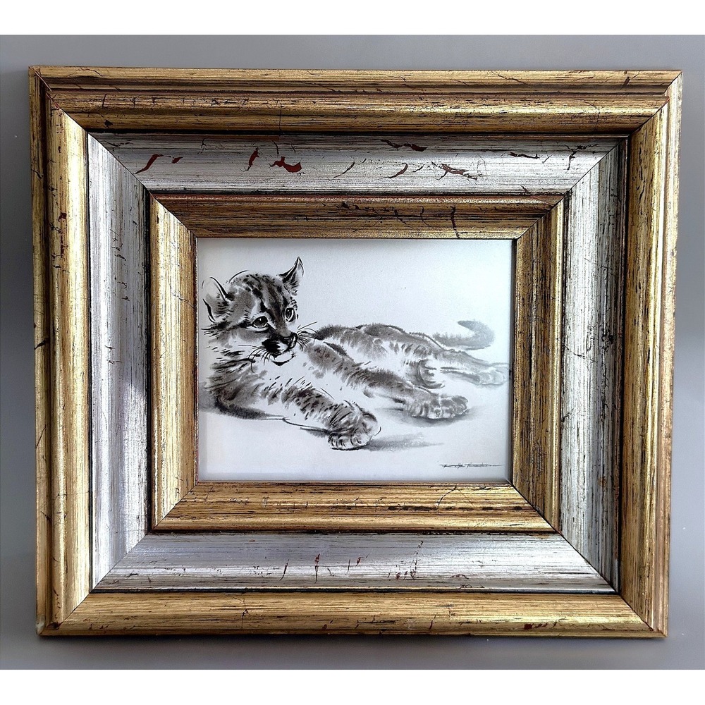 Vintage Framed Cougar Cub Charcoal Sketch Ornate Gold Silver Wood Frame 9.5x8.5"